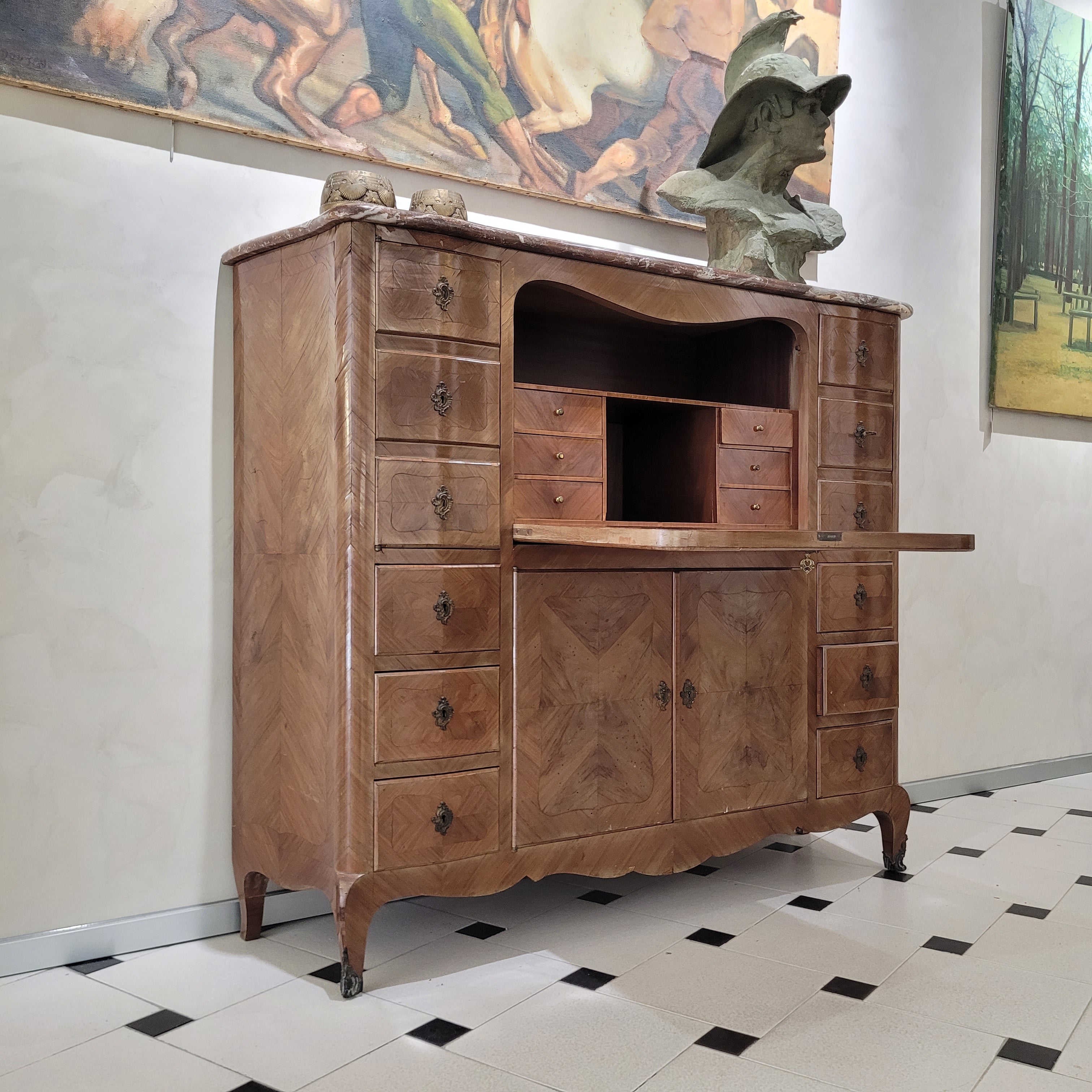 Secreter / Bureau estilo Transición, Marquetería y mármol, siglo XX – Francia