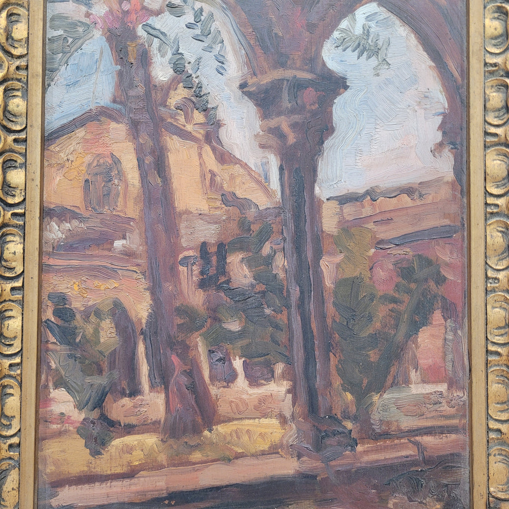 Óleo sobre tabla “Claustro”, Josep Oriol, Escuela Catalana, s. XX – Cataluña, España
