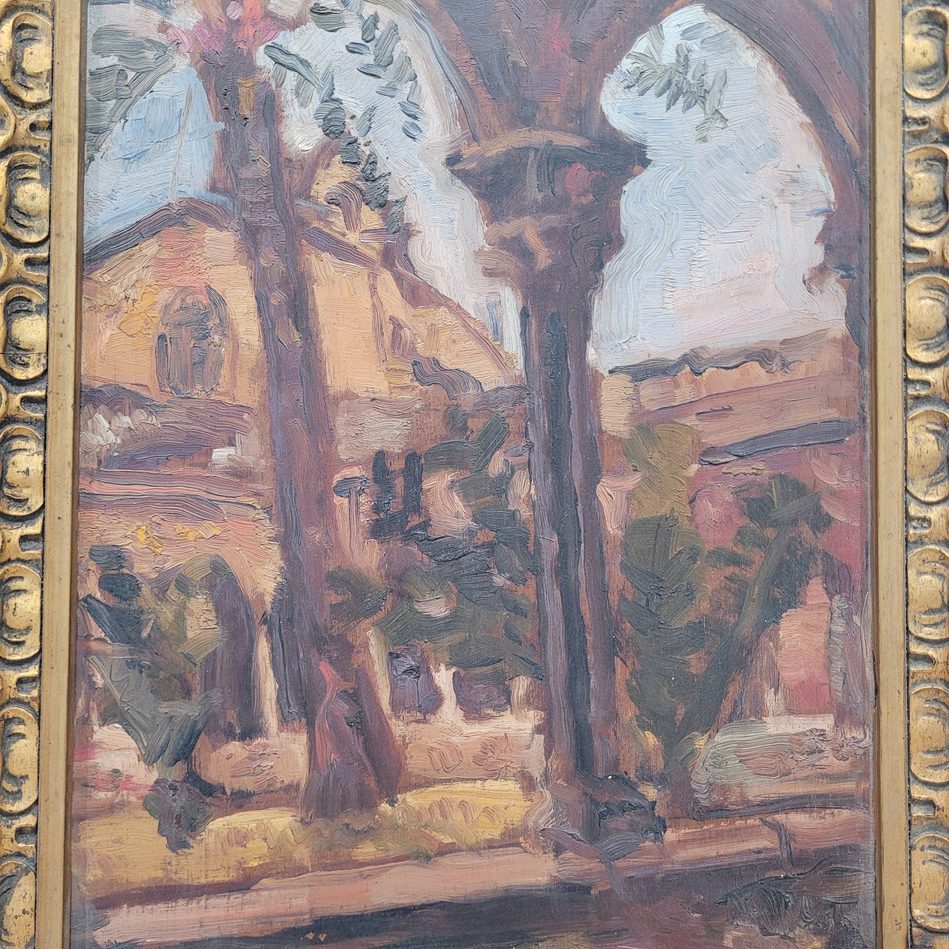 Óleo sobre tabla “Claustro”, Josep Oriol, Escuela Catalana, s. XX – Cataluña, España