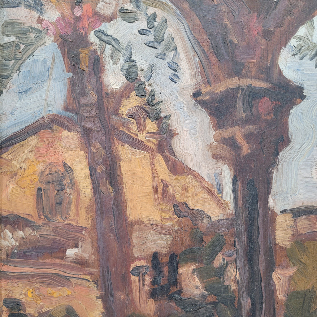 Óleo sobre tabla “Claustro”, Josep Oriol, Escuela Catalana, s. XX – Cataluña, España