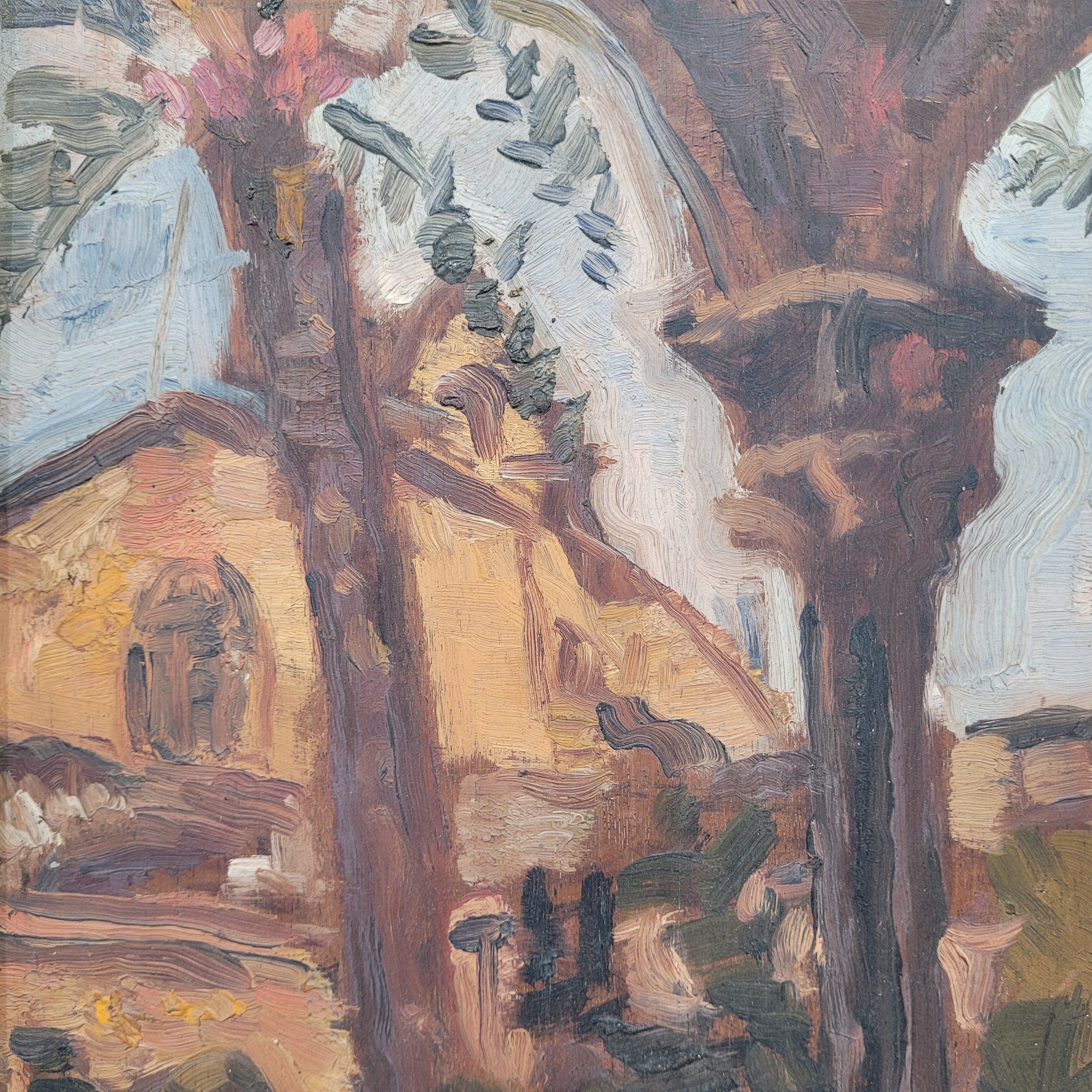 Óleo sobre tabla “Claustro”, Josep Oriol, Escuela Catalana, s. XX – Cataluña, España