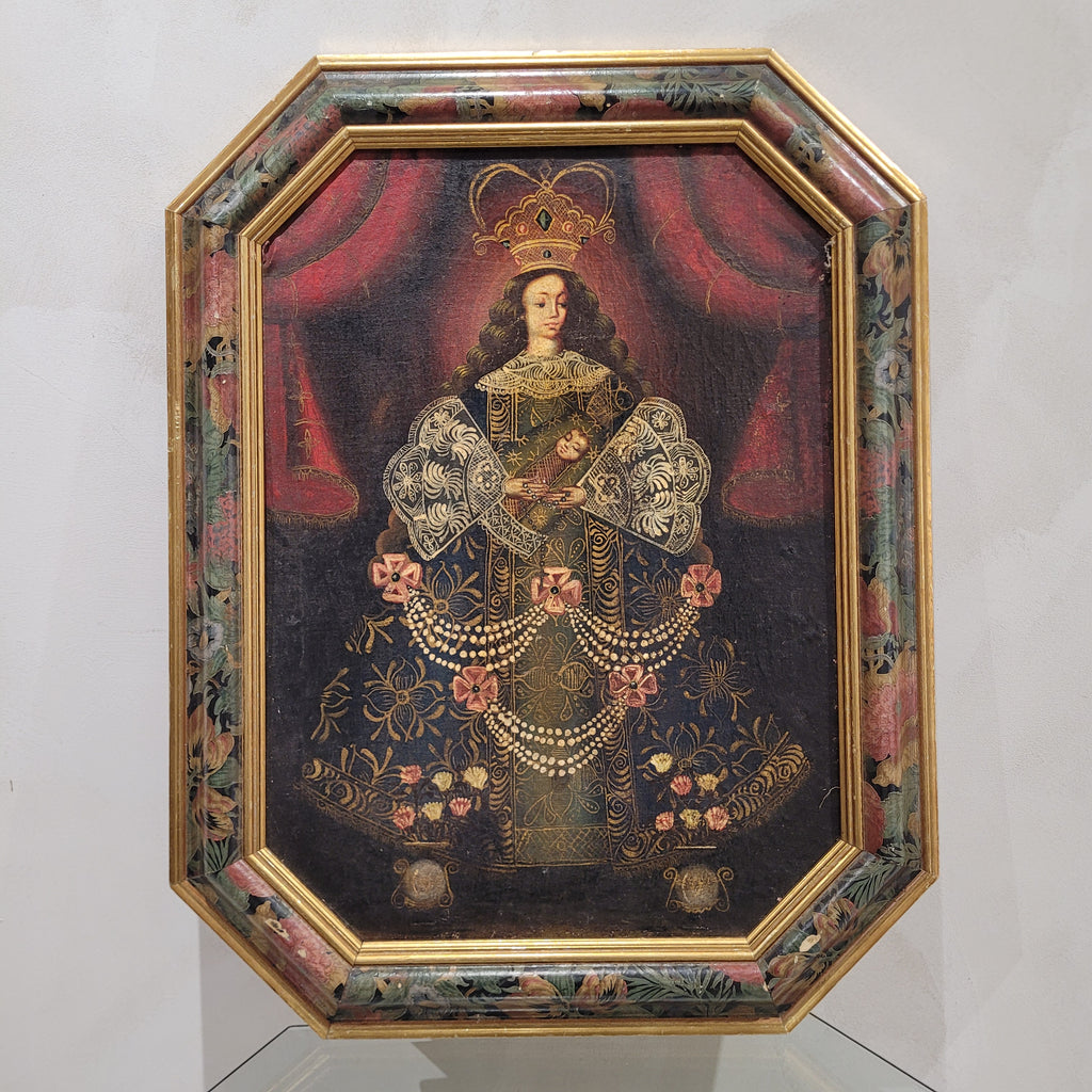 Óleo sobre lienzo "Virgen del Rosario" Escuela Virreinal Andina, 1900 - Cuzco, Perú