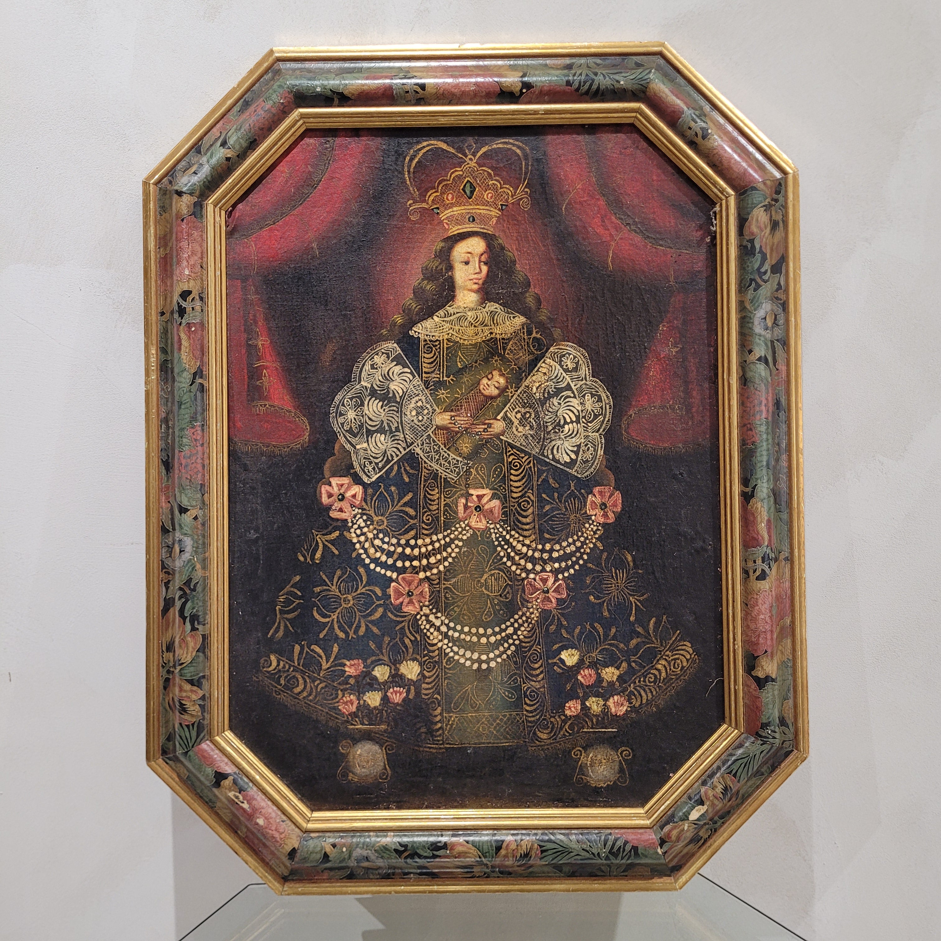 Óleo sobre lienzo "Virgen del Rosario" Escuela Virreinal Andina, 1900 - Cuzco, Perú