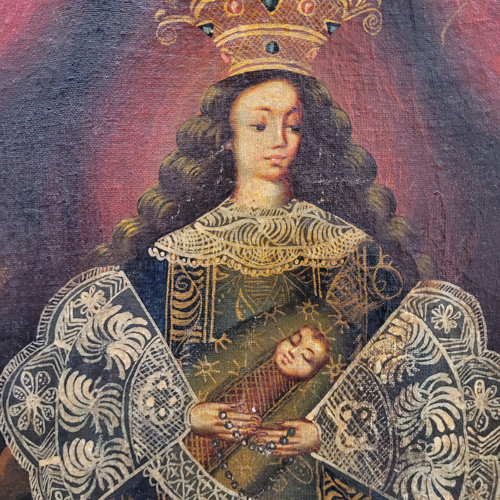 Óleo sobre lienzo "Virgen del Rosario" Escuela Virreinal Andina, 1900 - Cuzco, Perú