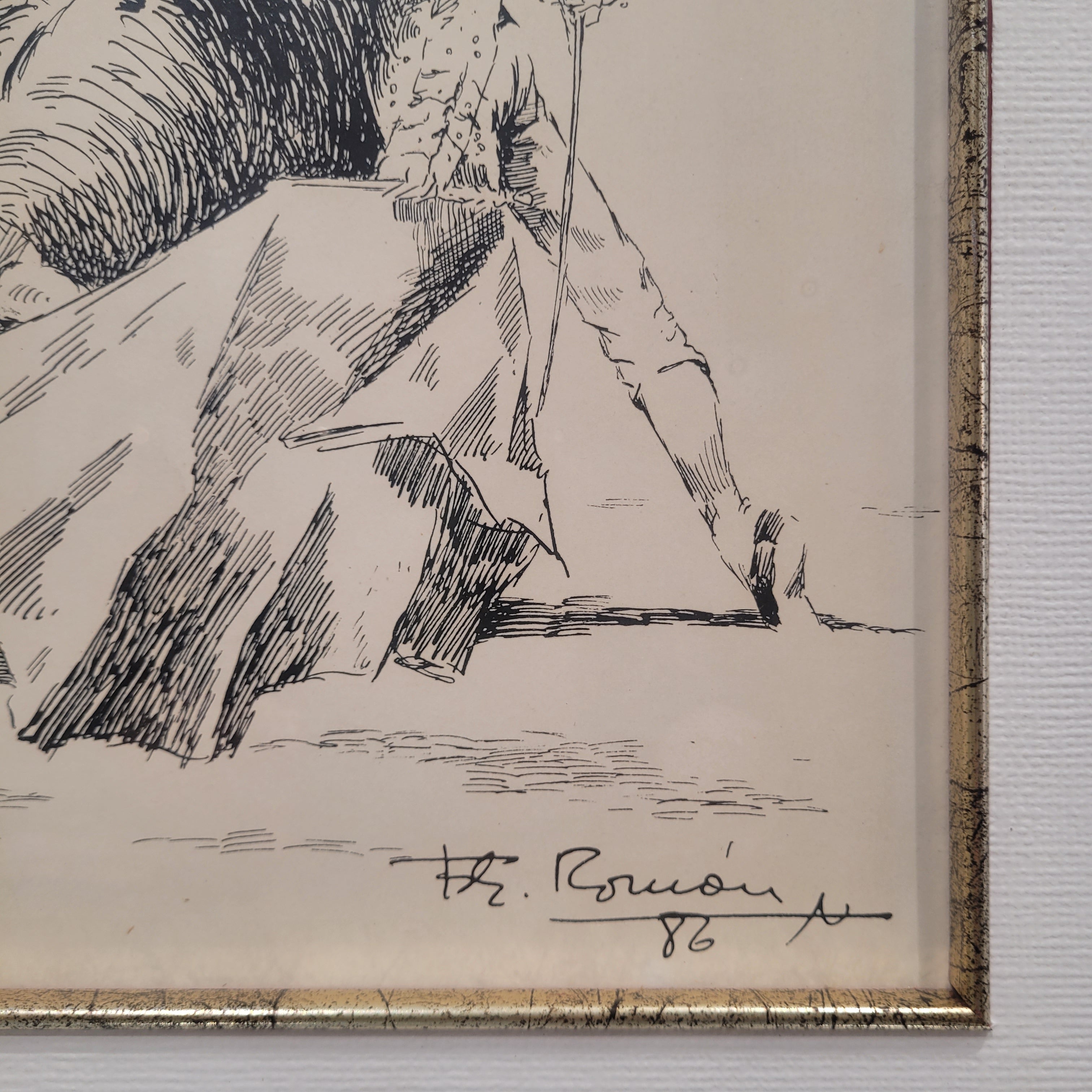 Dibujo a plumilla ”Toro / tauromaquia / torero” Fernández Román, 1986 - Firmado (Copia)