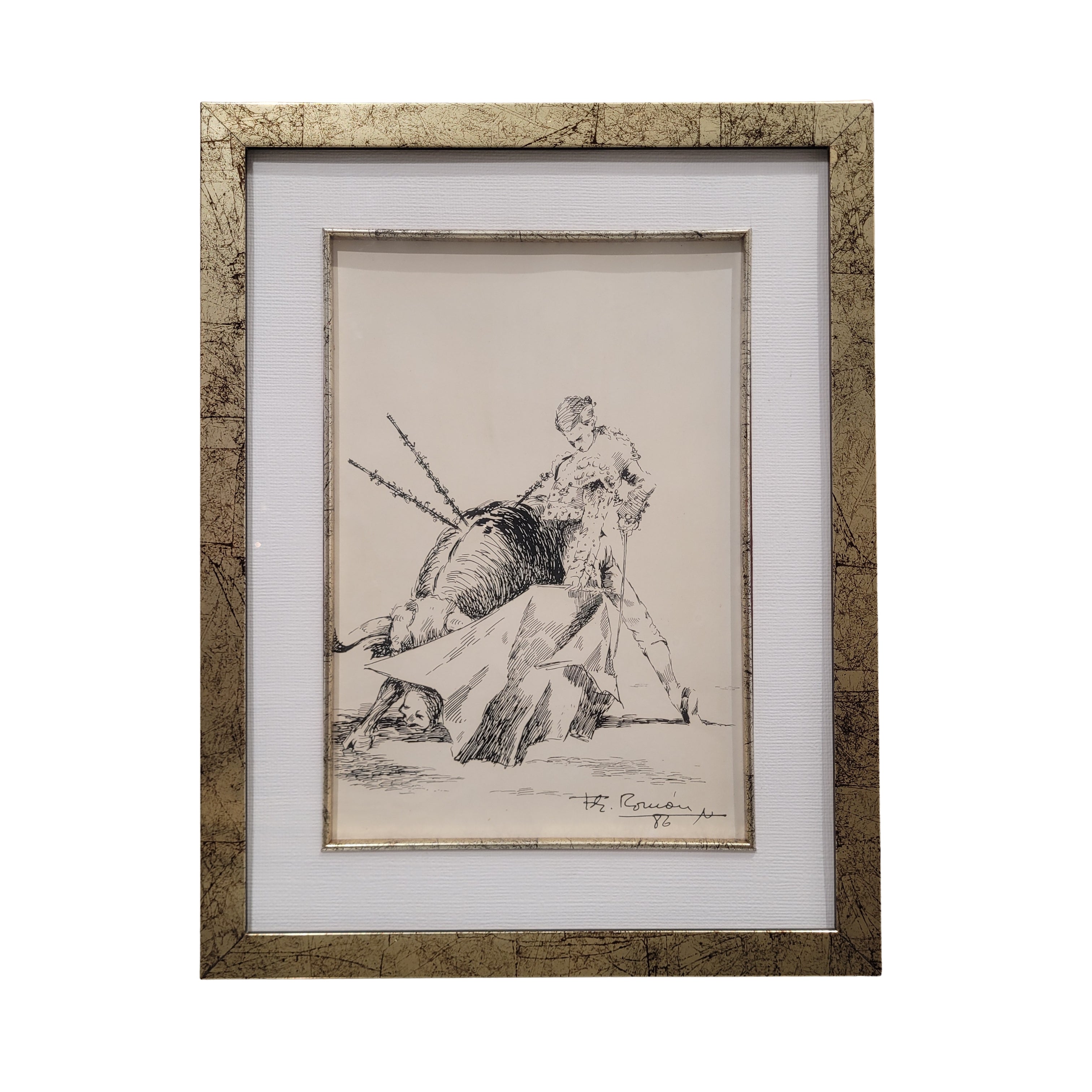 Dibujo a plumilla ”Toro / tauromaquia / torero” Fernández Román, 1986 - Firmado (Copia)