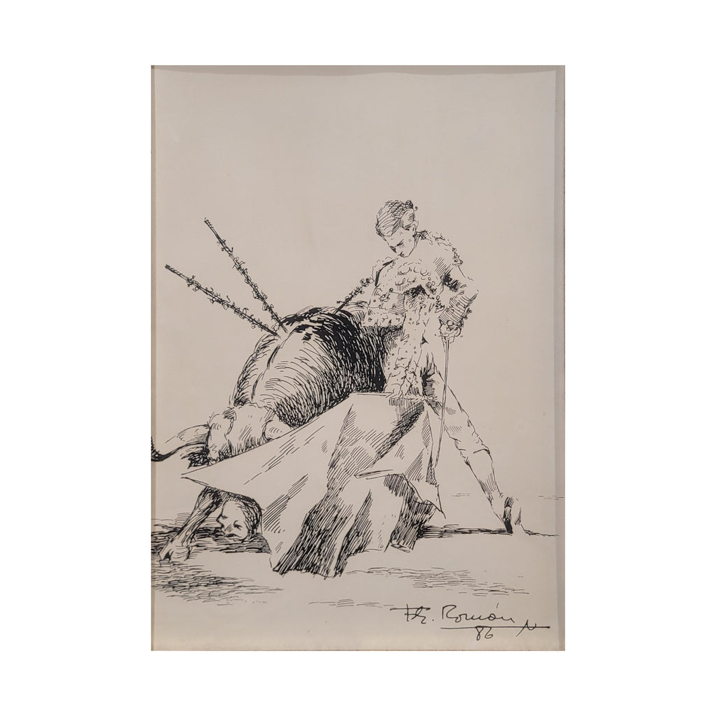 Dibujo a plumilla ”Toro / tauromaquia / torero” Fernández Román, 1986 - Firmado (Copia)