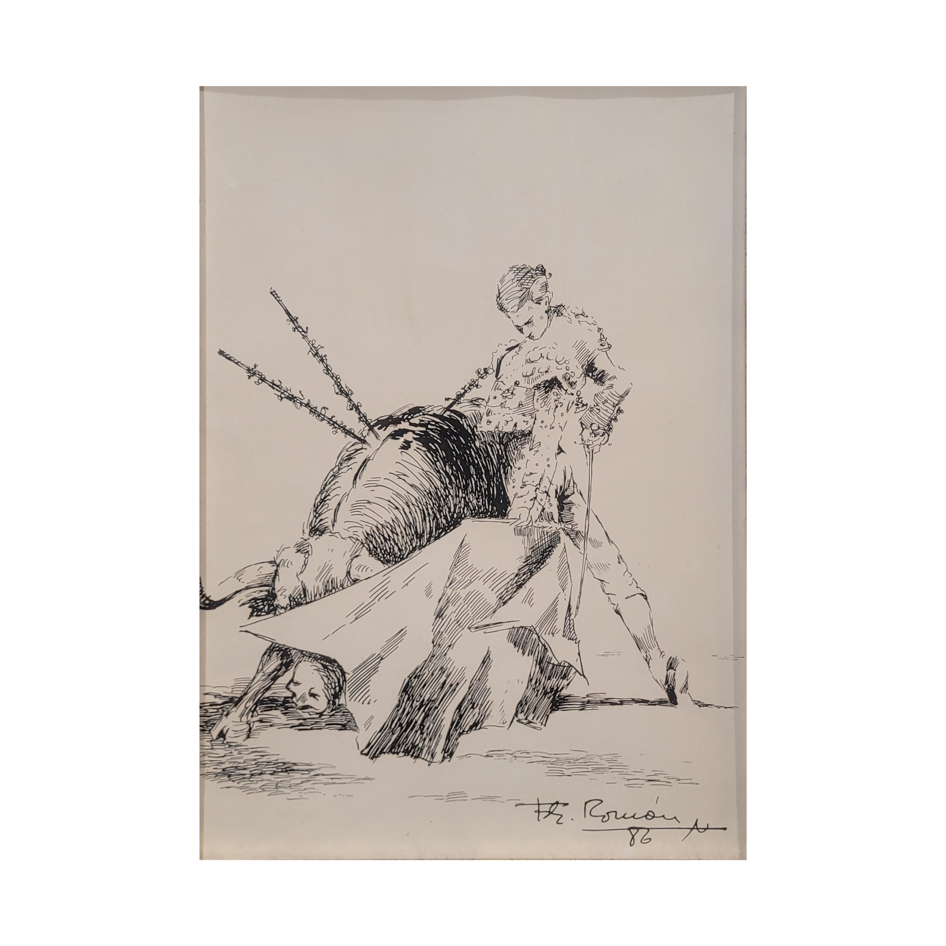 Dibujo a plumilla ”Toro / tauromaquia / torero” Fernández Román, 1986 - Firmado (Copia)