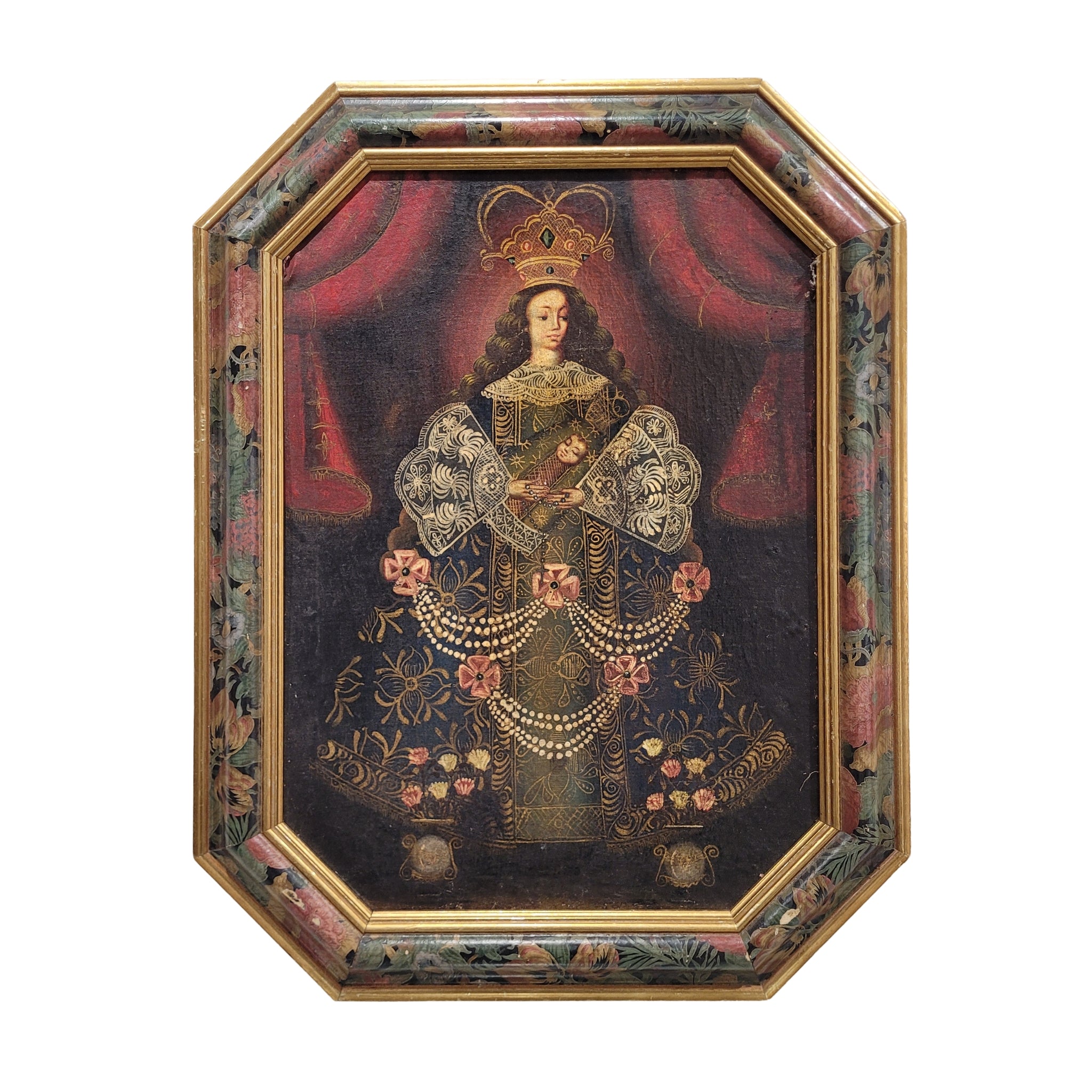 Óleo sobre lienzo "Virgen del Rosario" Escuela Virreinal Andina, 1900 - Cuzco, Perú