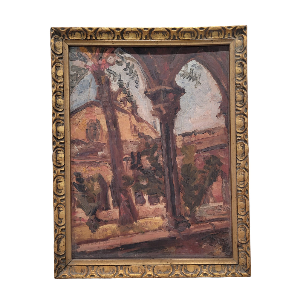 Óleo sobre tabla “Claustro”, Josep Oriol, Escuela Catalana, s. XX – Cataluña, España