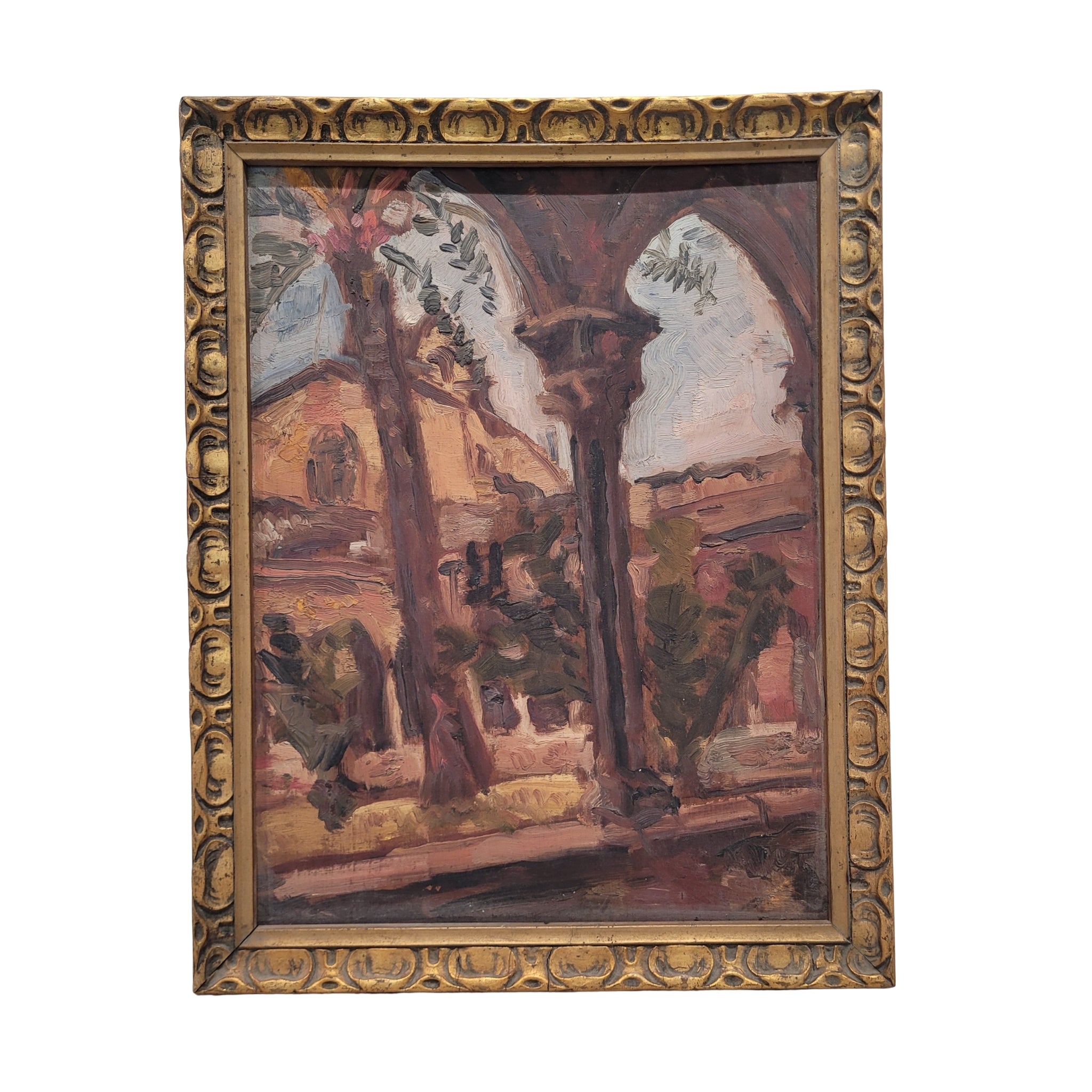 Óleo sobre tabla “Claustro”, Josep Oriol, Escuela Catalana, s. XX – Cataluña, España