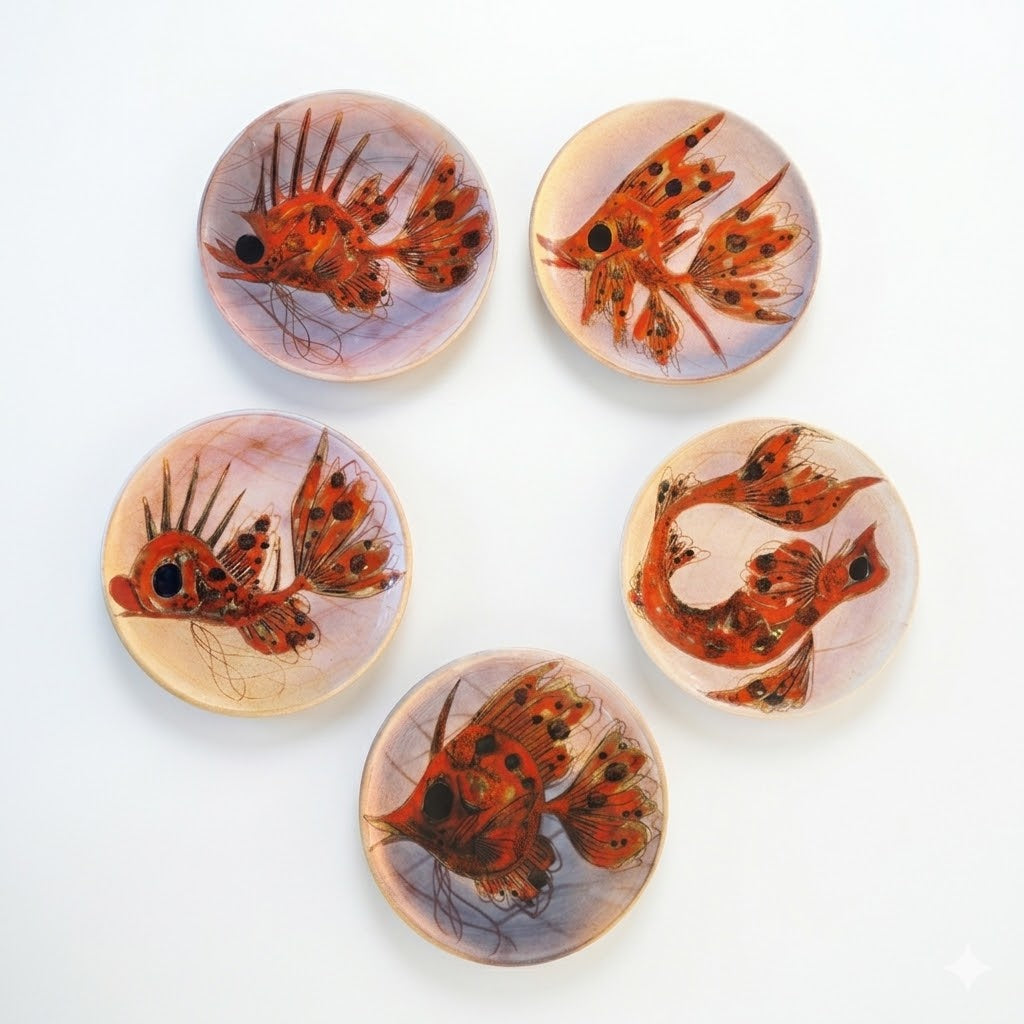 Conjunto de 5 Platos "Fauna Marina" – Escuela de Vallauris, años 50/60, Francia